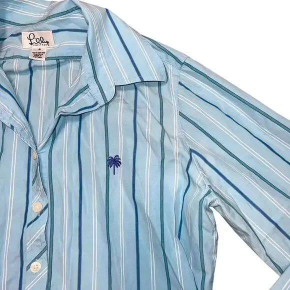 LILLY PULITZER Women's Light Blue Striped Collared Button Down Size 4 - Picture 4 of 8